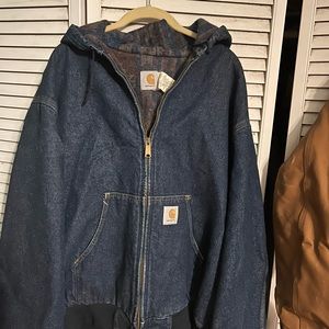 Vintage Made In The USA Carhartt Hooded Denim Blanket Lined Work Jacket 2XL XXL